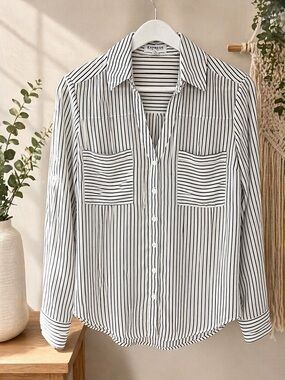 Express White and Black Vertical Stripe Button-Down Shirt
